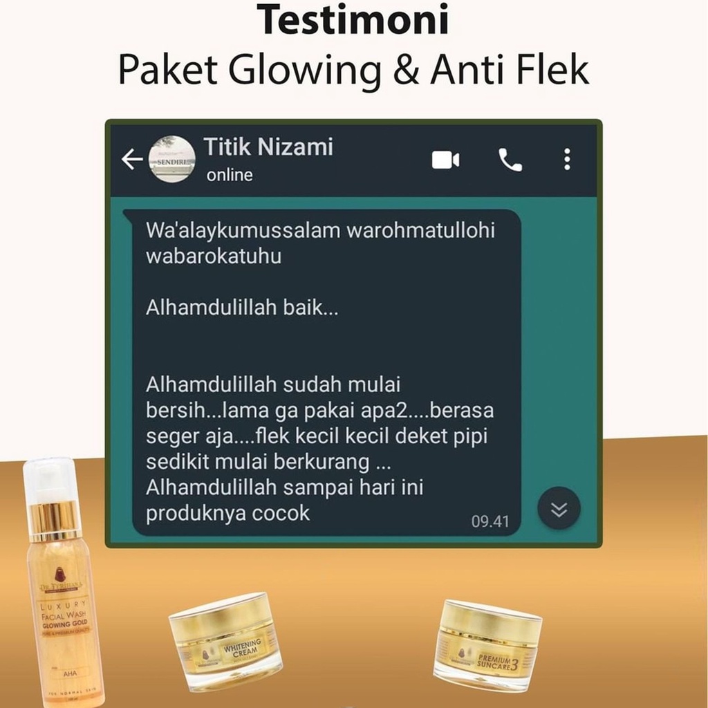 Paket Glowing Gold dr. Ferihana Cosmetics &amp; Skincare Merupakan Paket Perawatan Wajah untuk Kulit Normal Kering Kombinasi yang Mampu Mencerahkan Memudarkan Flek Sekaligus Sebagai Anti Aging