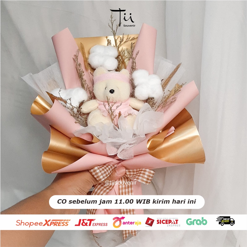 Buket Boneka Bunga Kering Dried Flower untuk Wisuda | Sidang | Sempro| Baby Newborn | Hampers Bayi | Buket Bayi | Anniversary | FREE Paper Bag Mika