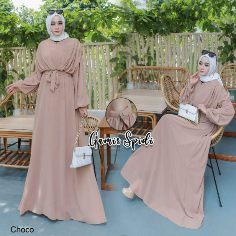 Gamis Spidi, GAMIS LEBARAN POLOS BAHAN CERUTTY BABYDOLL FULL FURING FIT XXL. LD 110 TERMURAH CANTIK OOTD