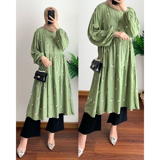 MIYELA TUNIK RAYON LUX Adem Busui Jumbo Oversize Motif Bunga Kecil Lucu Kekinian Hits Viral Ala Kore