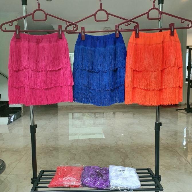Pakaian Olahraga Wanita Rok Rumbai Flare Skirt Dansa Line Dance Kostum Pakaian Senam Tari (Rt)