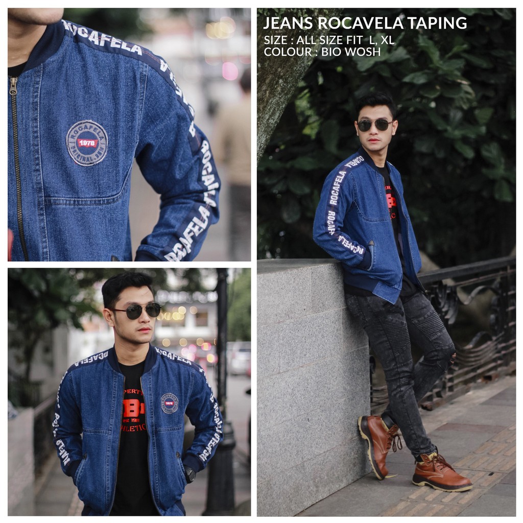 TURUN HARGA!! JAKET JEANS PRIA COWOK JAKET BOMBER JEANS LIST COWOK TAPING ORIGINAL ROCAFELA