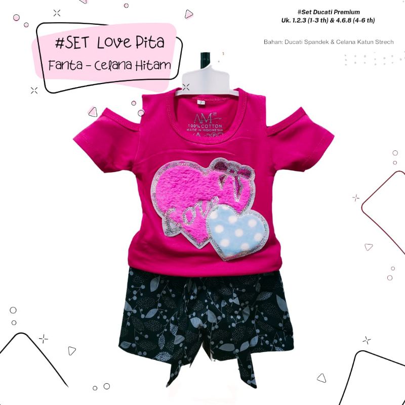 Setelan Anak Perempuan &quot;DOUBLE LOVE&quot; Size 1-5th bahan Ducati Katun Spandek Premium