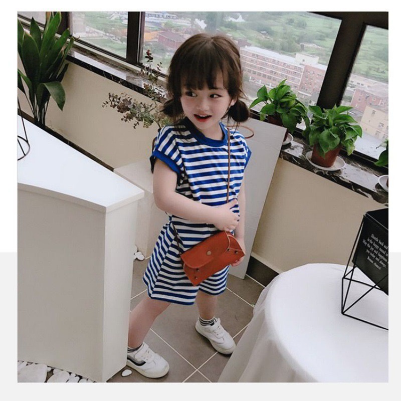 Dress T-shirt Anak Perempuan Tanpa Lengan Motif Strip Biru Import