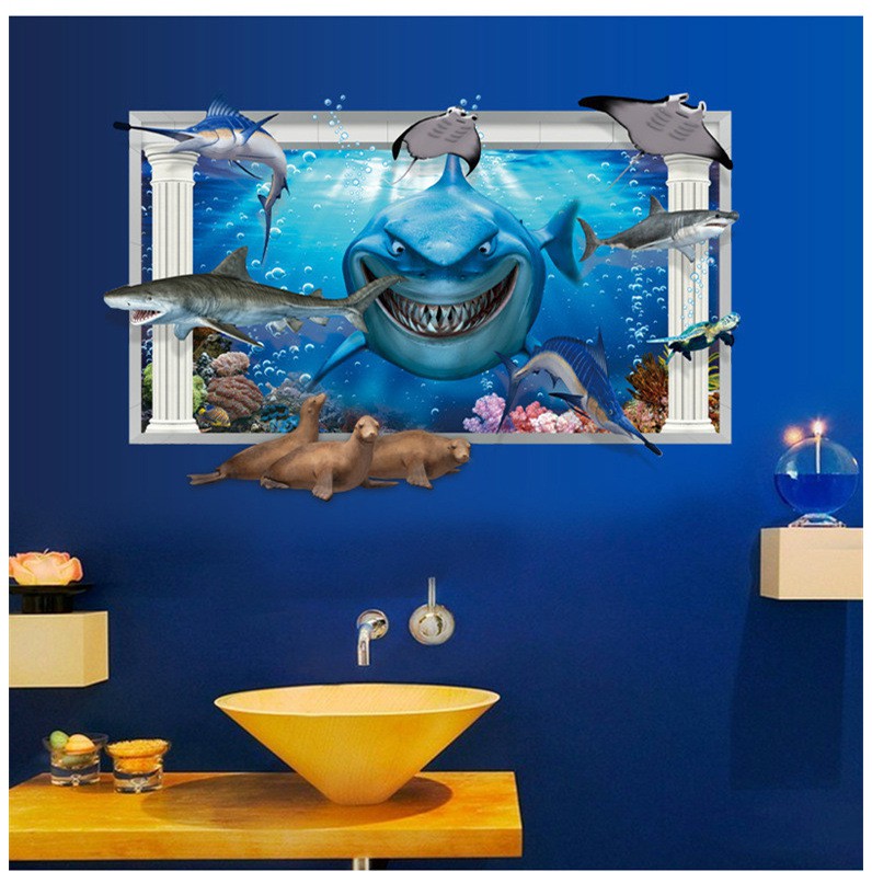 RELIZA WALL STICKER JENDELA IKAN HIU FISH SHARK KAMAR MANDI STIKER DINDING AY9262