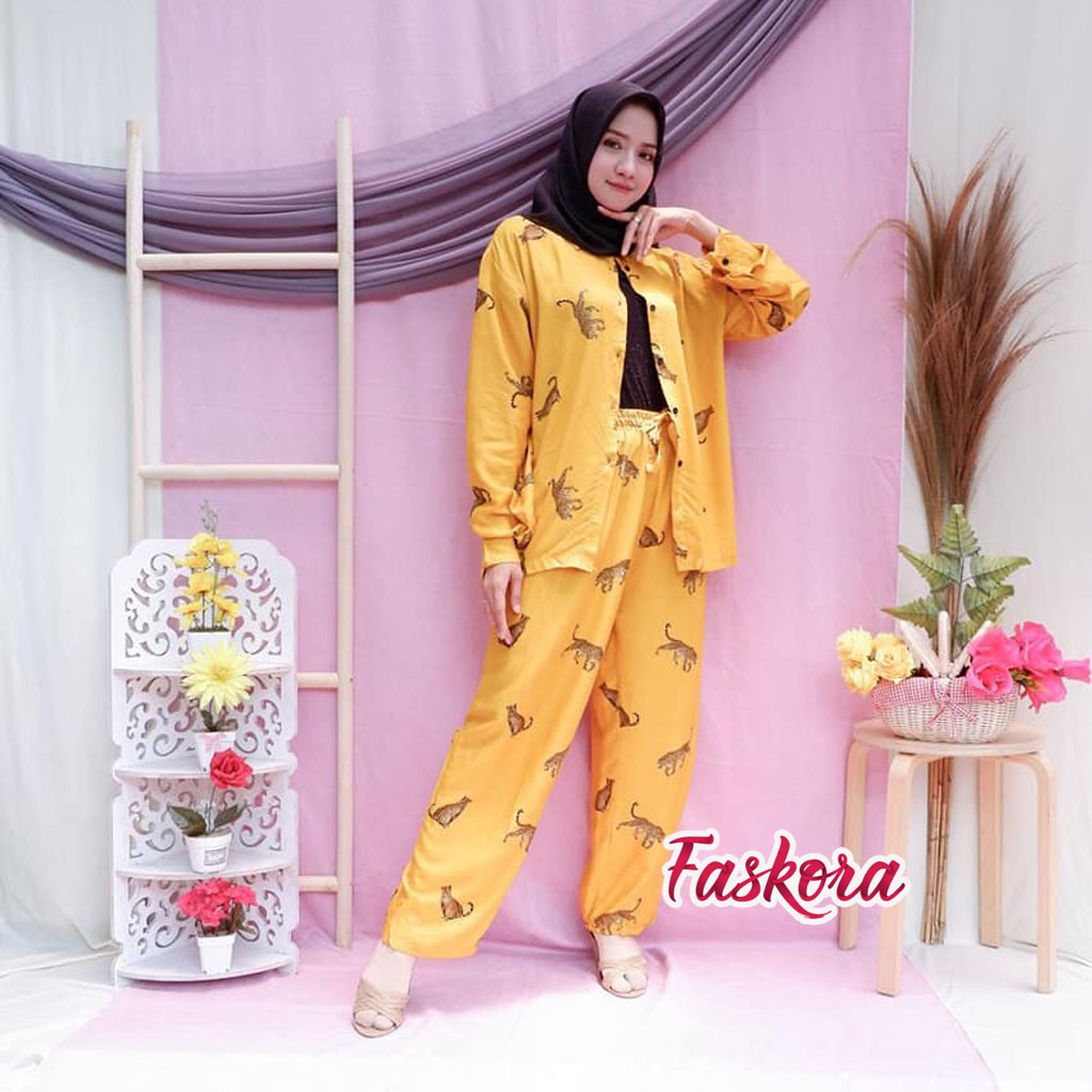 One Set Pajamas Rayon Jumbo XXL Macan - Setelan Piyama Wanita Kekinian - Pajamas Set Lengan Panjang