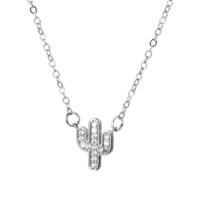 Creative Short Cactus Pendant Necklace For Women Simple Imitation Zircon Clavicle Chain Fashion Jewelry Accessories