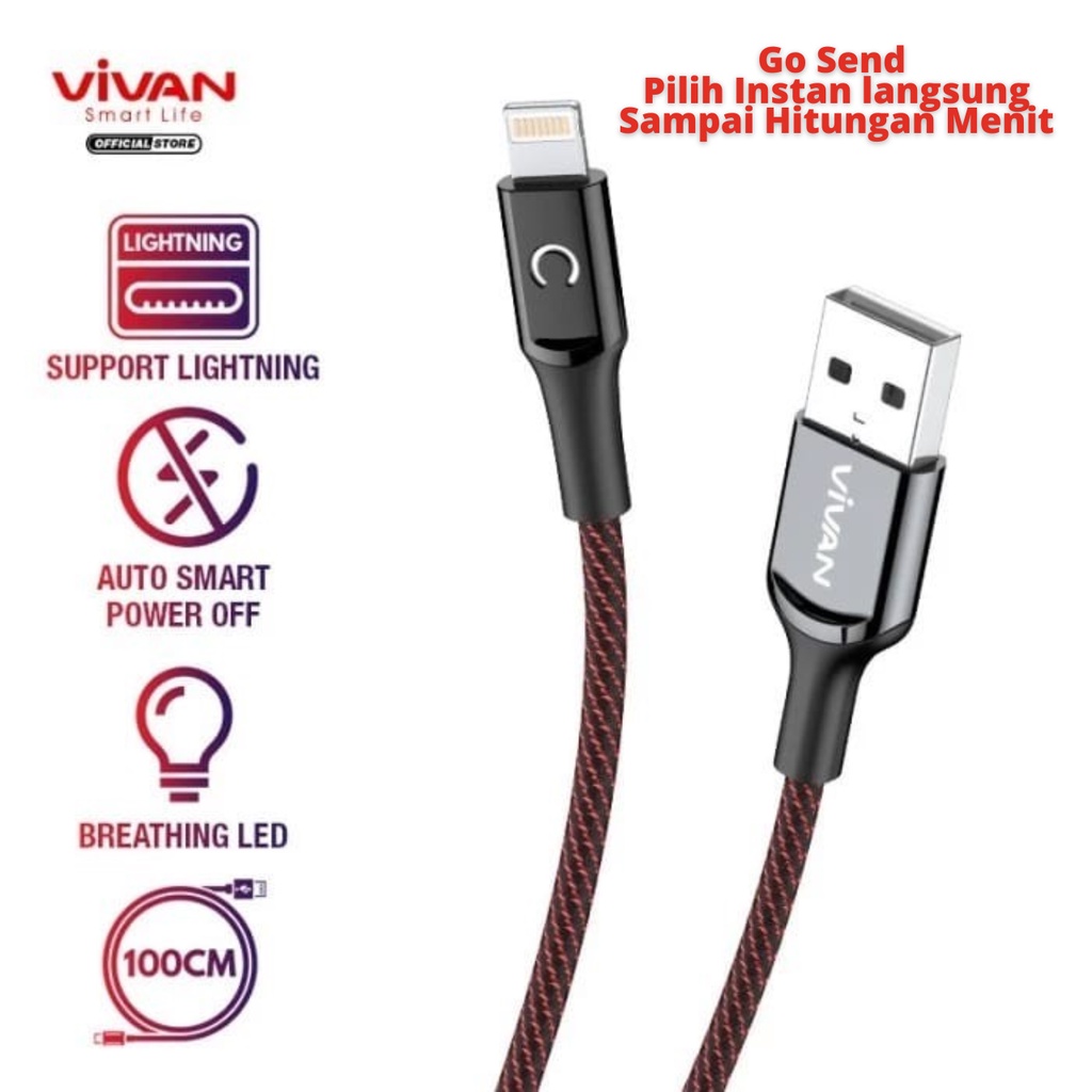 Kabel Data Vivan Auto Power Off / LED Suport Fast Charger 2.4A VZL100s Lightning - Kabel Charger Iph