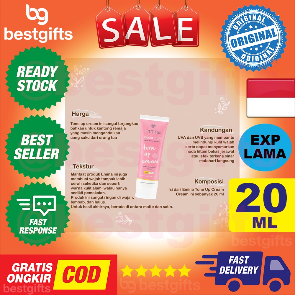 EMINA BRIGHT STUFF TONE UP CREAM INSTANT BRIGHTENING EFFECT UVA UVB PELEMBAB WAJAH MENCERAHKAN INSTAN 20 ML