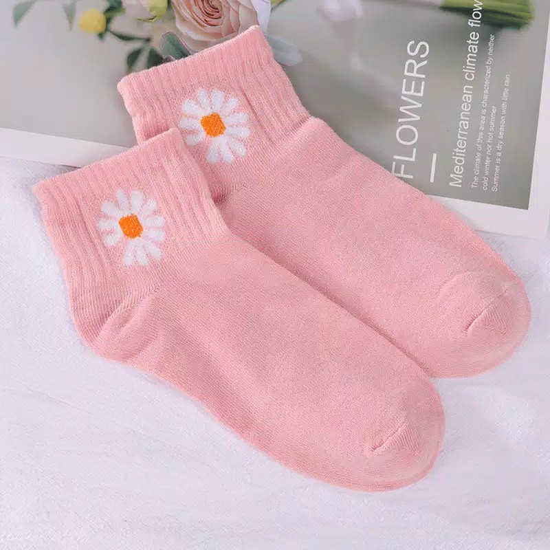 Kaos Kaki Ankle H185 Motif Bunga Daisy Gaya Korea Untuk Kaos Kaki Wanita Motif-PINK MUDA