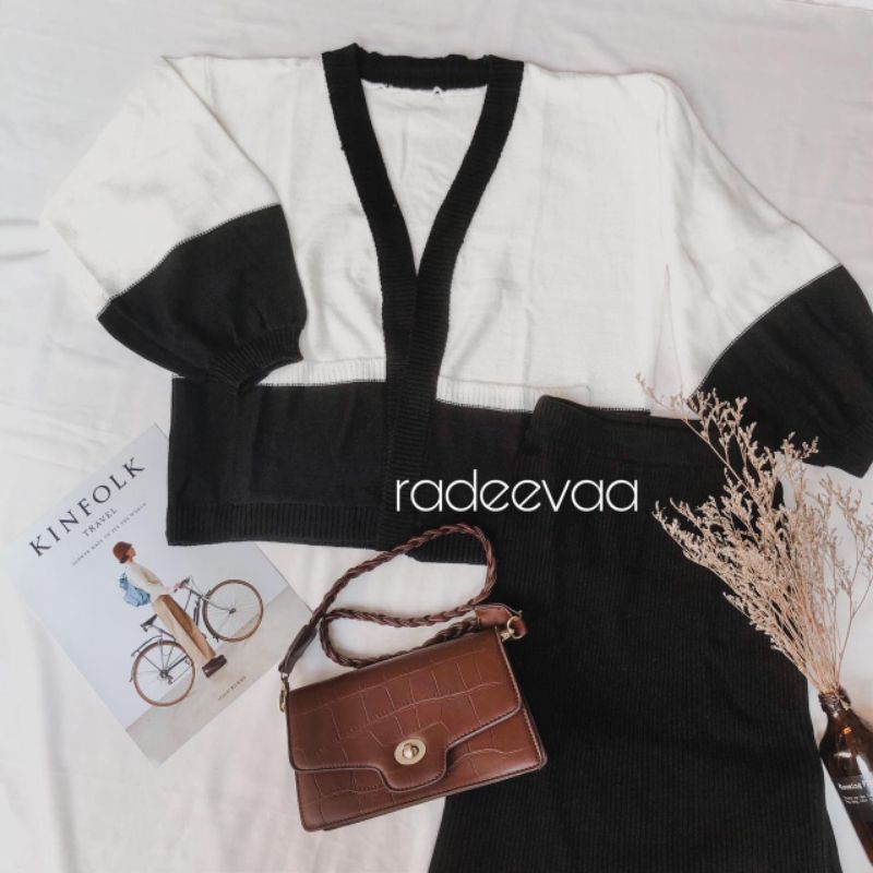 ONE SET RAJUT TWO TONE CARDIGAN DAN ROK KNIT PREMIUM-Black