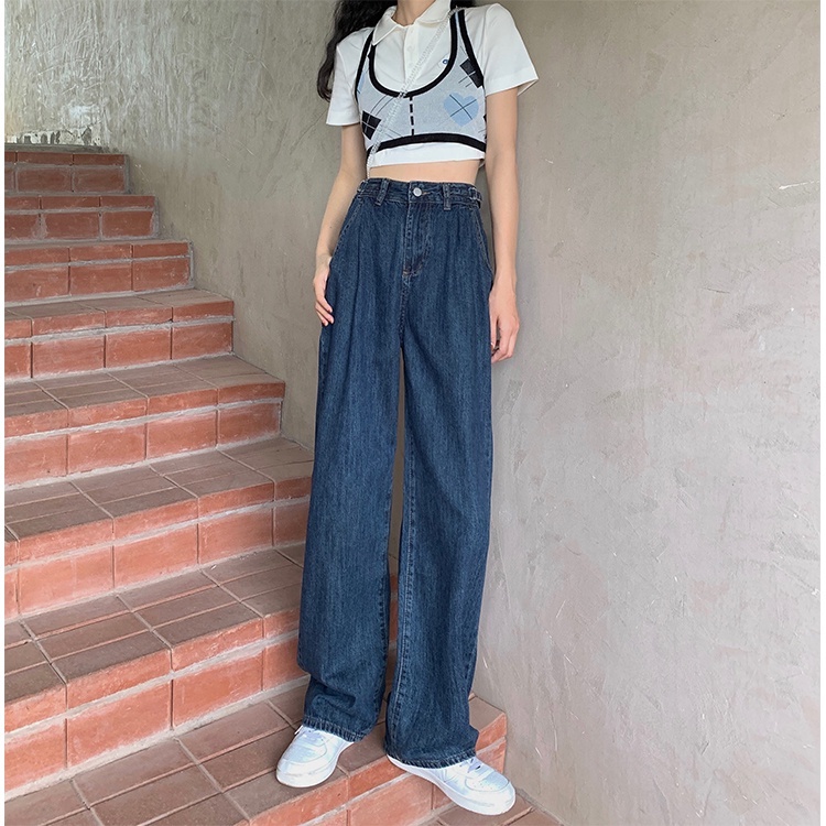 [COD&amp;READY STOK]Celana Jeans Wanita Loose Celana Panjang High Waist Straight Denim Pants