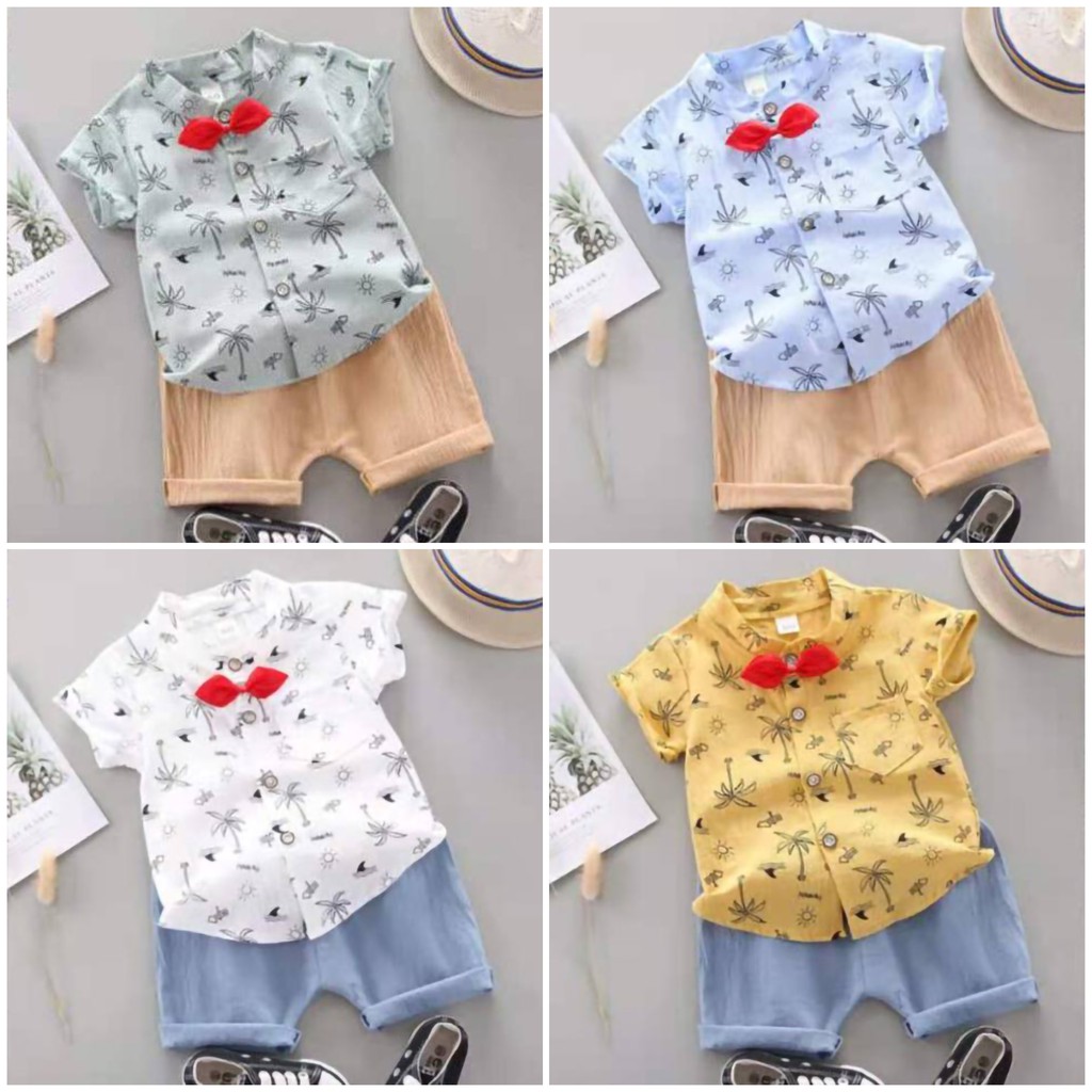 DinoDino SET KEMEJA BAJU ANAK COWOK IMPORT HAWAII BEACH PALEM LUCU KERAH SHANGHAI BAYI LAKI-LAKI UMU