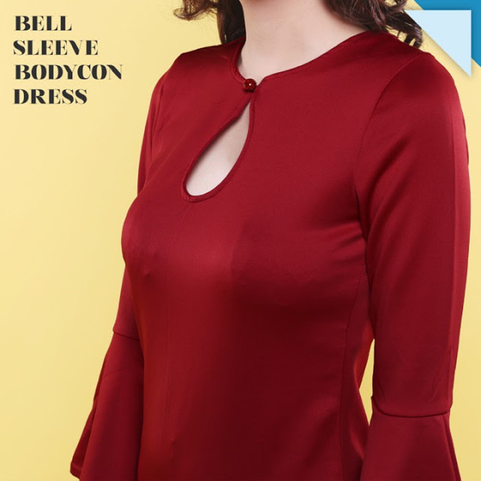 Bell Sleeve Bodycon Sexy Dress Gaun Pakaian Wanita DS861 awg