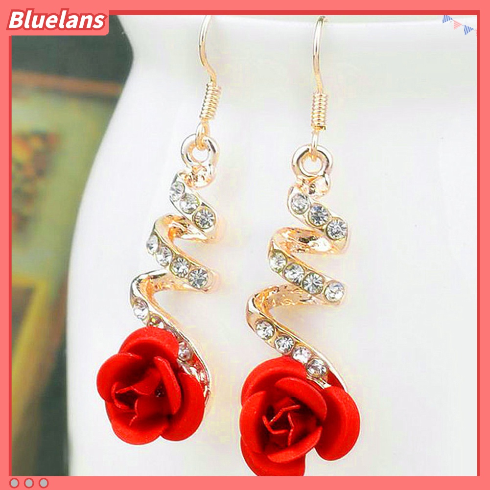 Anting Kait Gantung Wanita Desain Mawar Merah Hias Berlian Imitasi Untuk Hadiah