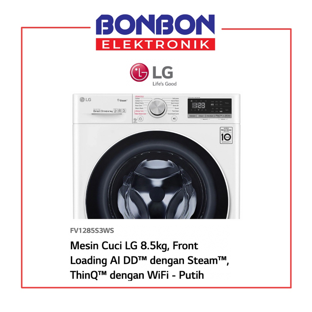 LG Mesin Cuci Front Loading 8.5KG FV1285S3WS Inverter Smart ThinQ Wifi