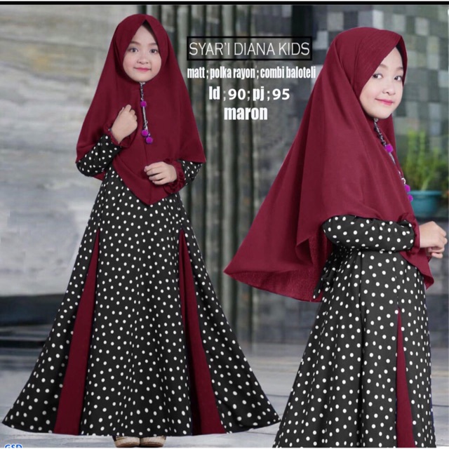 Syari diana polkadot/setelan muslim anak/gamis anak+bergo/terusna dress muslim/baju muslim anak