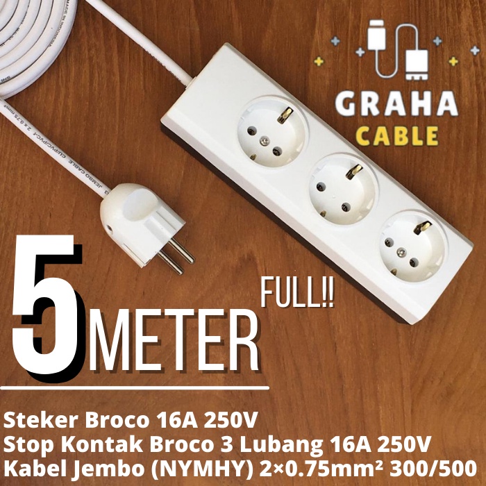 Kabel Sambungan Listrik Stop Kontak 3 Lubang 5 Meter BROCO