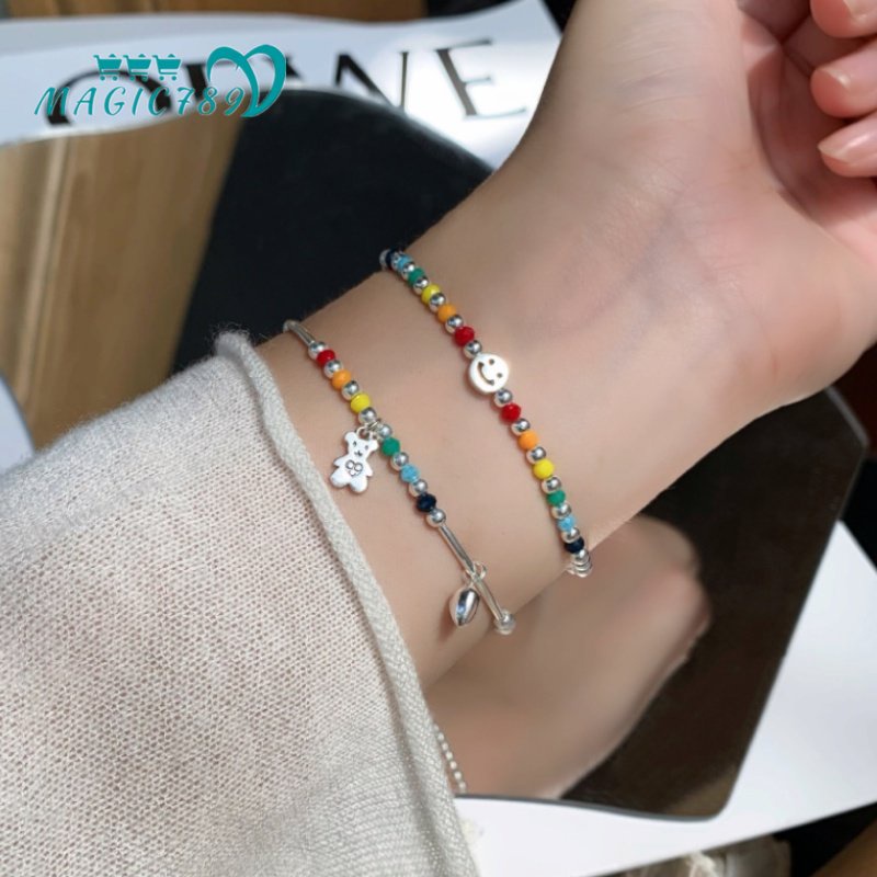 Papaozhu Handmade Rainbow Beads Smiley Face Gelang Untuk Wanita Perempuan Korea Warna-Warni Manik-Manik Hati Beruang Gelang Untuk Persahabatan Perhiasan Rantai Pergelangan Tangan Elastis