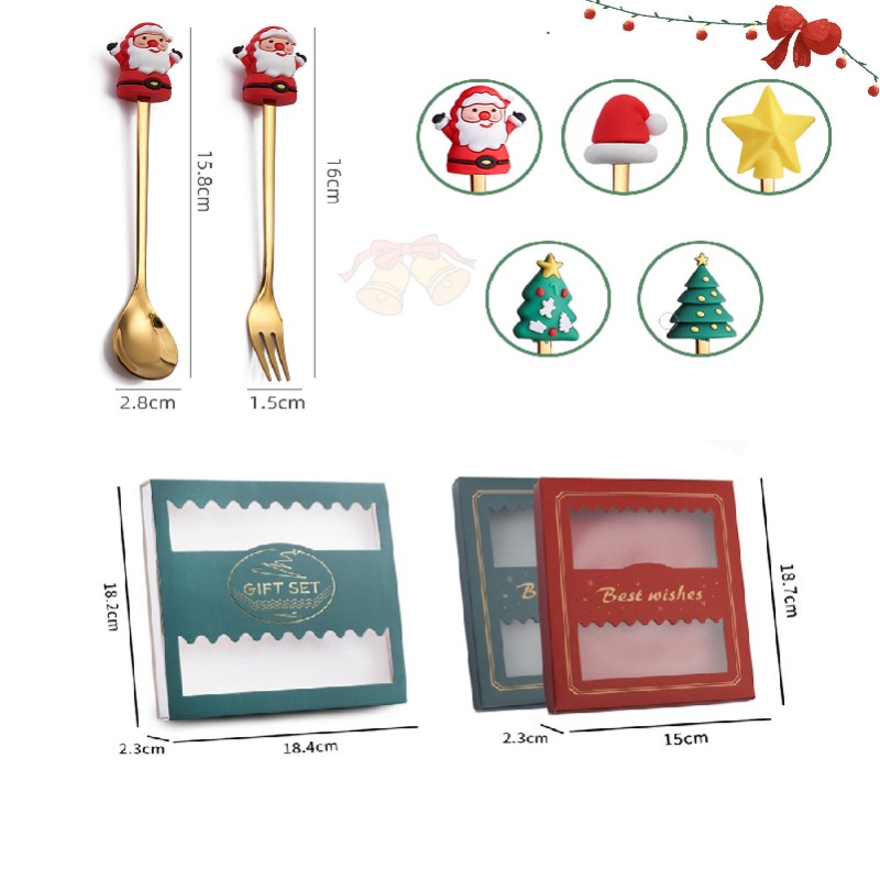 4 / 6pcs / Set Sendok Garpu Desain Kartun Santa Claus Pohon Natal Dengan Kotak