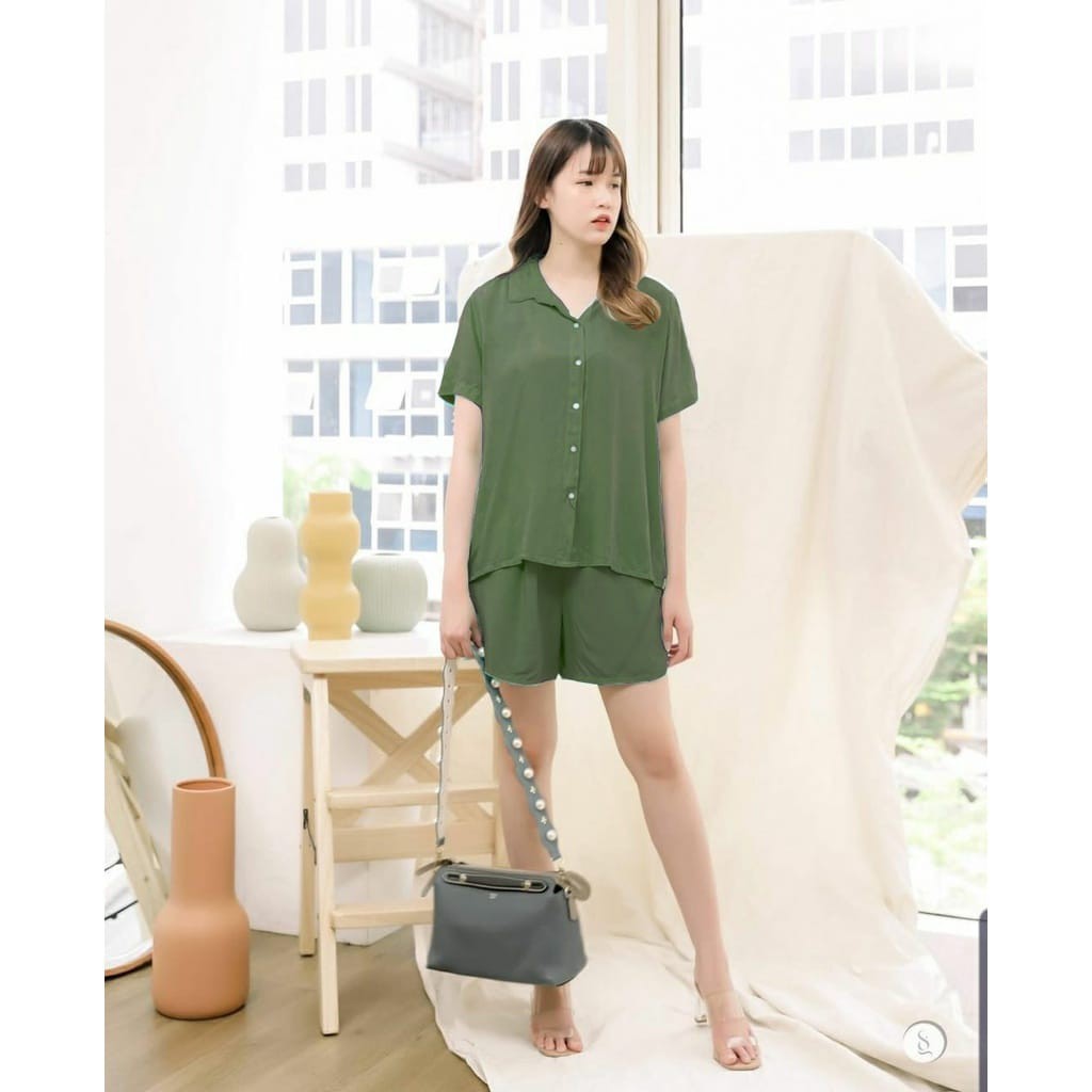 daily set  One set strady basic / setelan kemeja wanita polos/baju santai/pajama gradasi-Ijo lumut