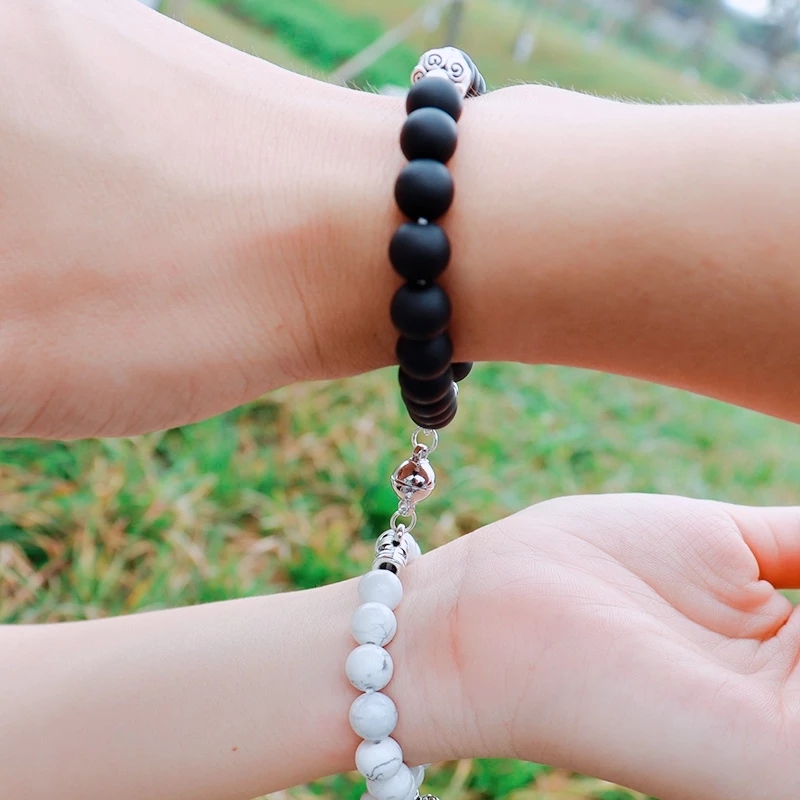 2Pcs Creative Magnetic Couple Bracelet / Black Obsidian Stone Beaded Bracelets friendship Lover Bracelet  Gifts Jewelry