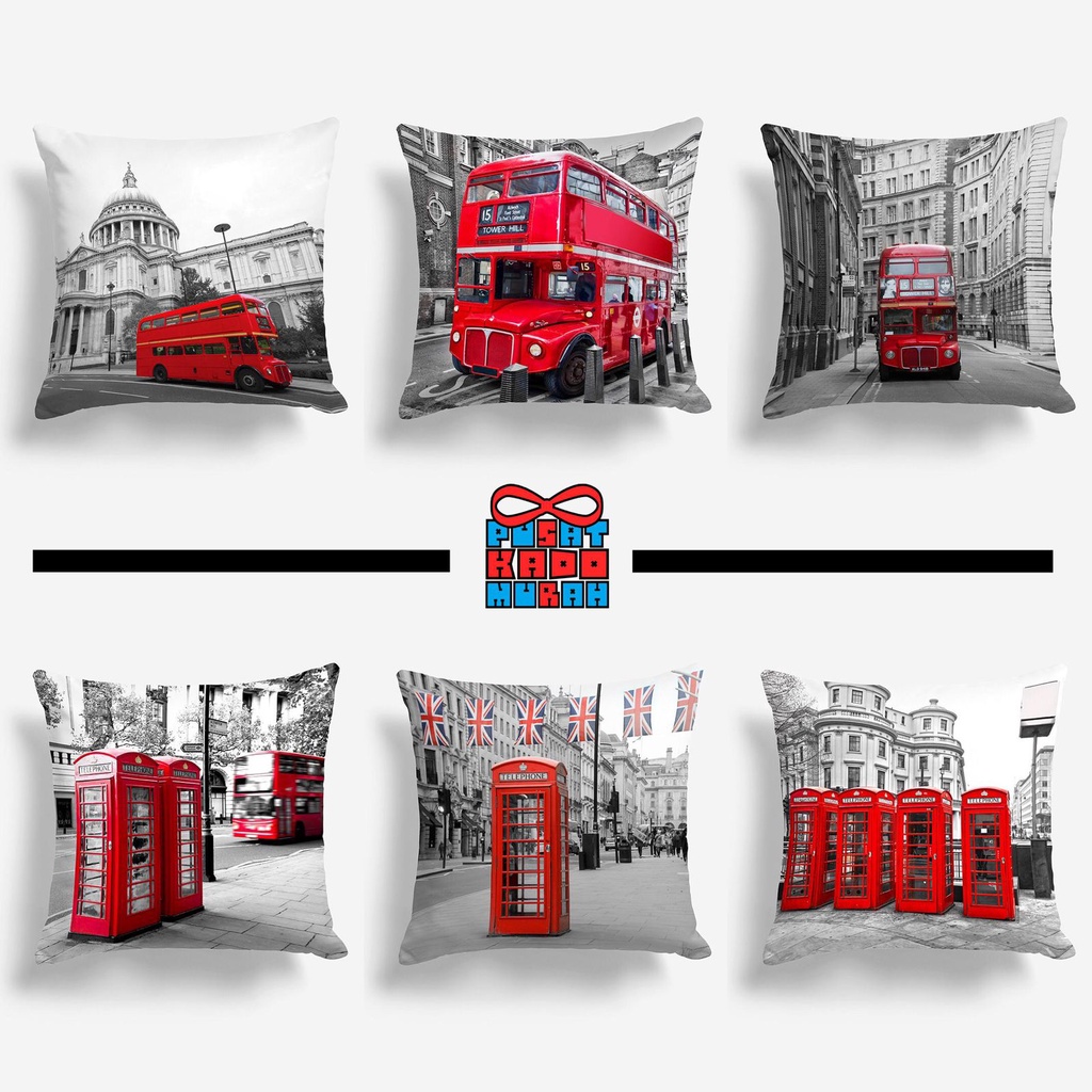 Bantal Sofa London Icon in Red Bus &amp; Phonebox 40x40 cm - Pusat Kado Murah