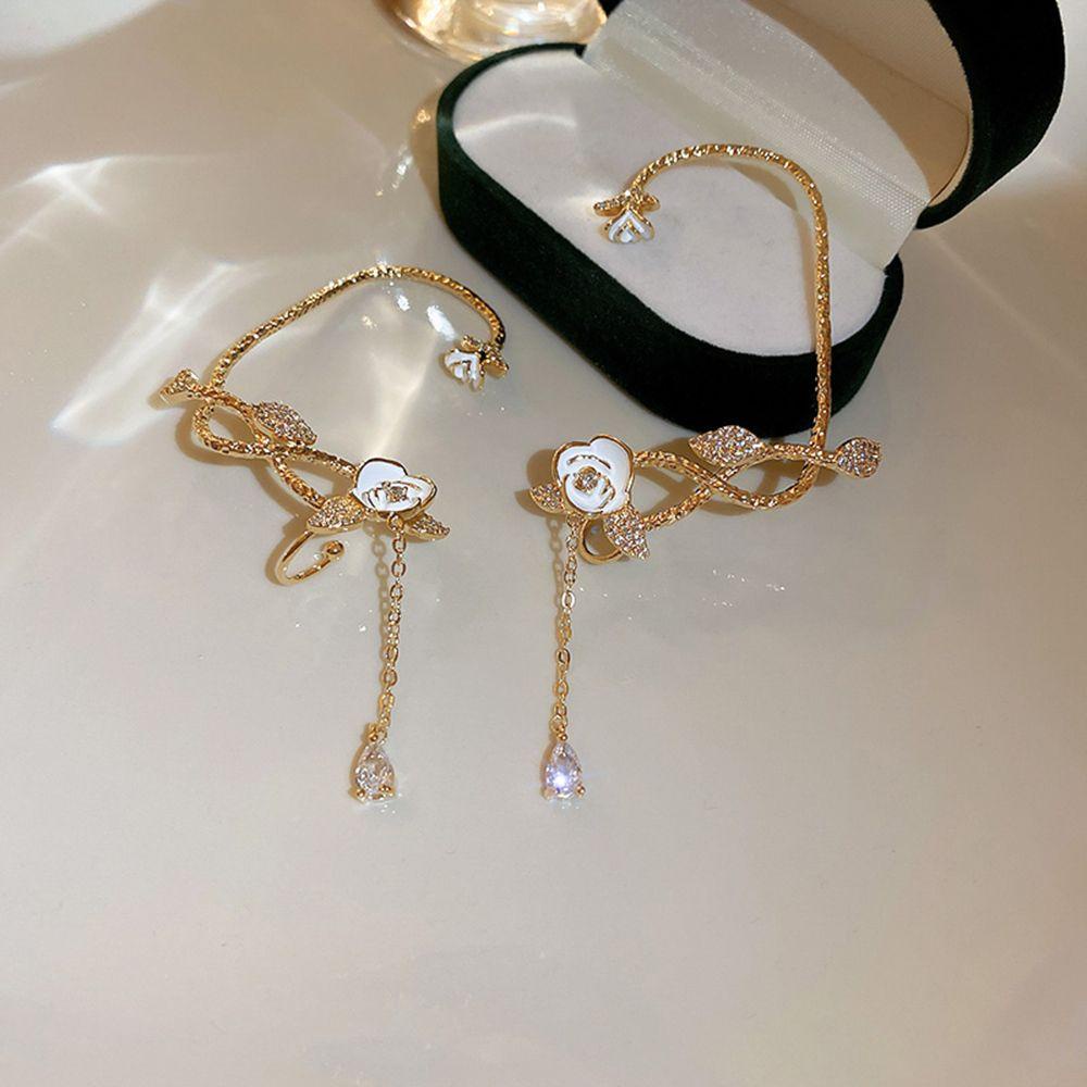 Anting Klip Bunga Mawar Mewah Mengkilap Rantai Panjang Kait Telinga Tembaga Zirkon Gaya Korea Ear Clip