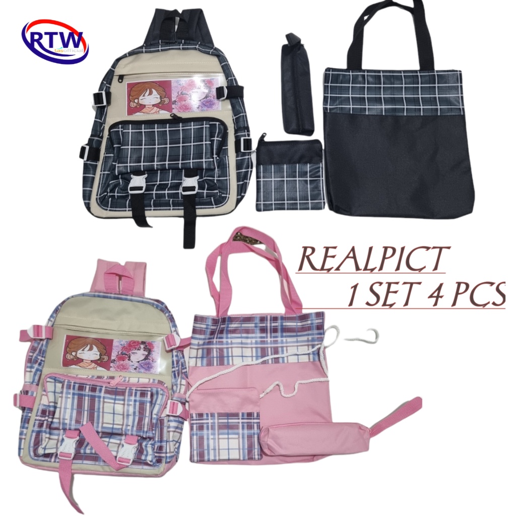 Tas Ransel Anak Sekolah Wanita import set 4 in 1 ORIGINAL Backpack Fashion Korea Tas Punggung Perempuan Terbaru Kekinian