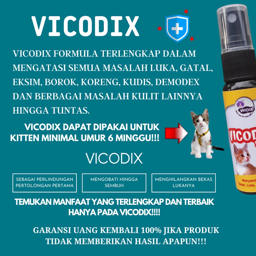 Obat luka kucing VICODIX Spray Jamur demodex gatal eksim koreng borok nanah bolong ampuh