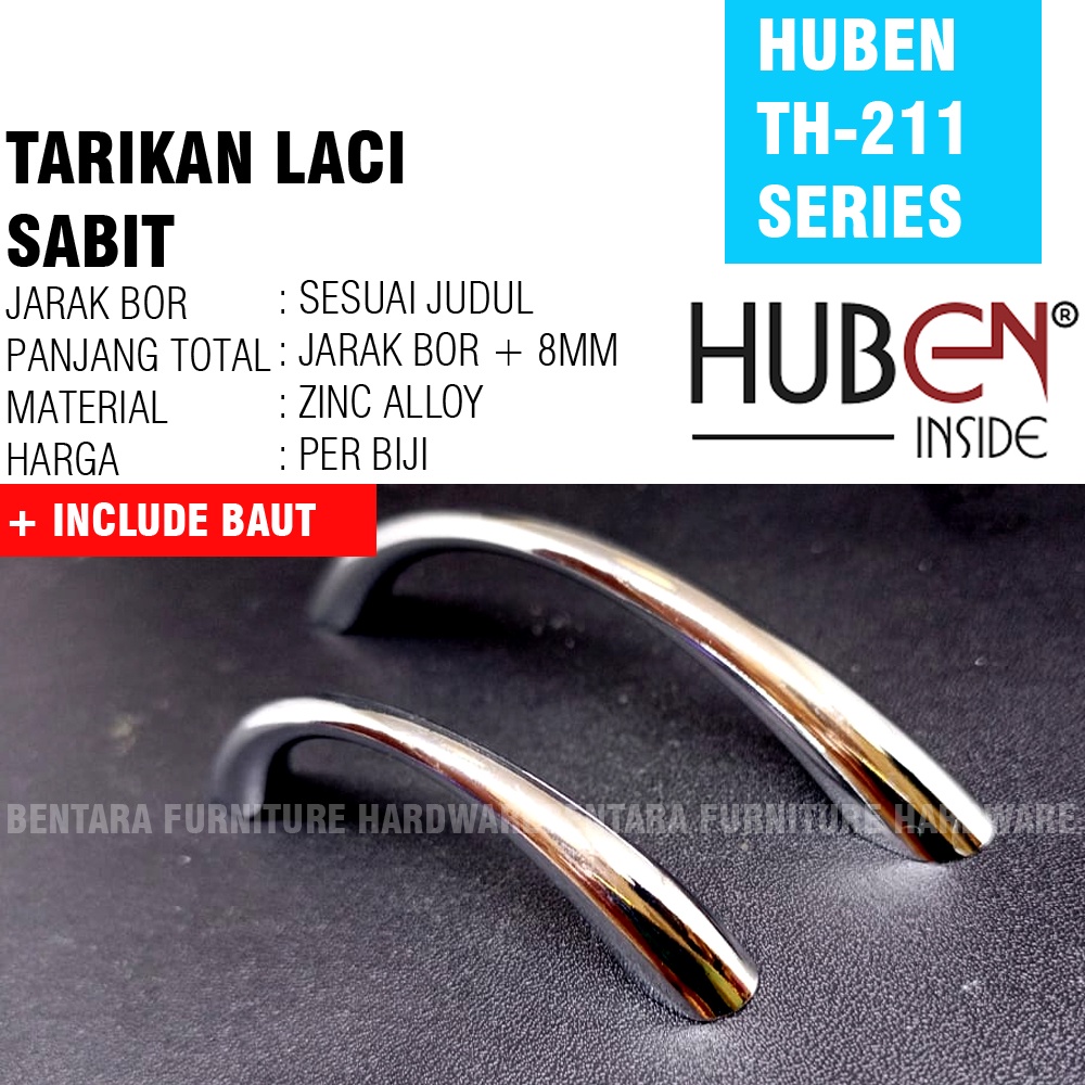 HUBEN TH-211 96 MM - TARIKAN LACI SOLID TARIKAN SABIT PINTU KABINET LEMARI MEJA DRAWER HANDLE ZINC ALLOY CHROME &amp; GOLD