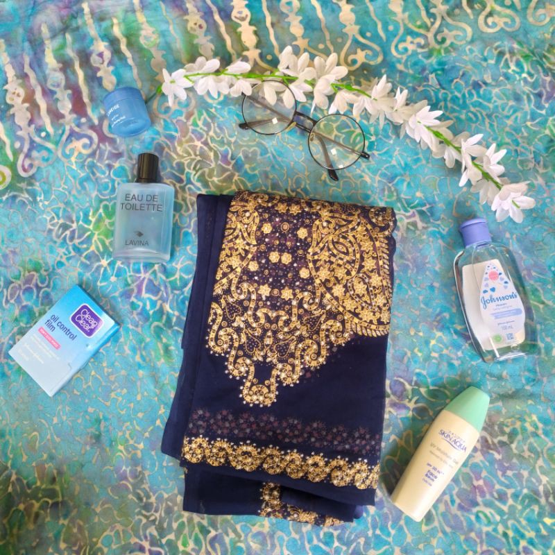 SET Kain Sari India Bordir Biru Tua