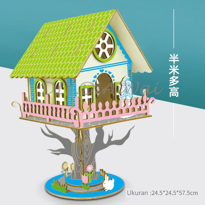 Puzzle 3D DIY bahan kayu model Princess Tree House mainan puzzle edukasi anak (kado dan pajangan)