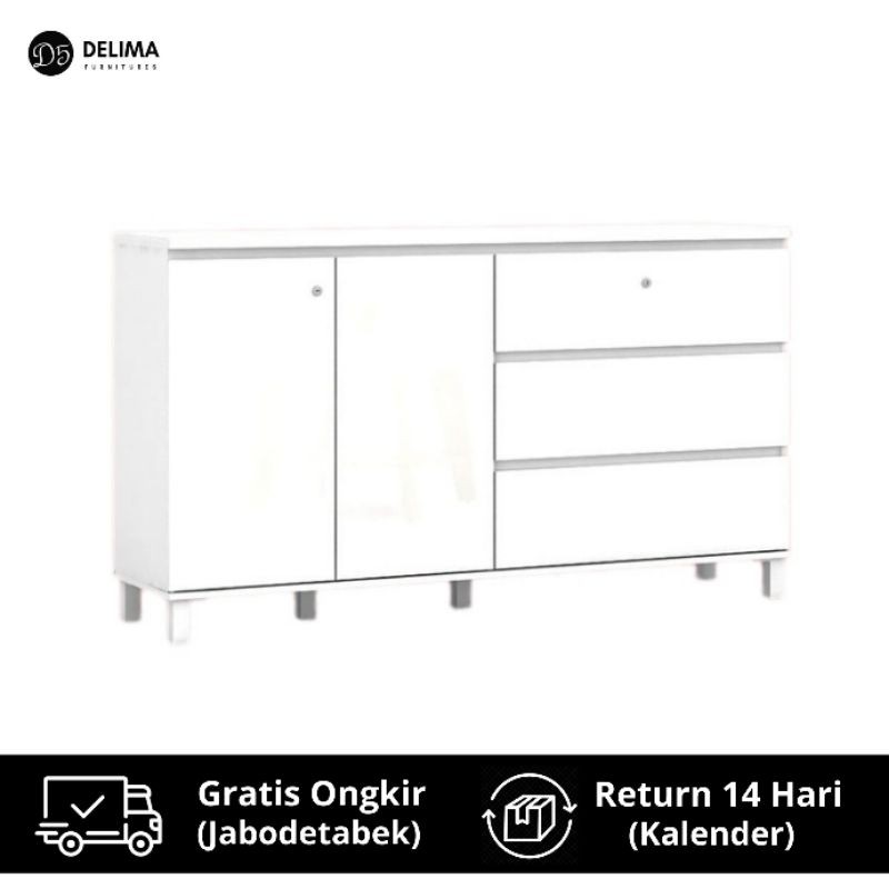 Sideboard Lemari Bufet Kabinet 2 Pintu dengan 3 Laci, Putih