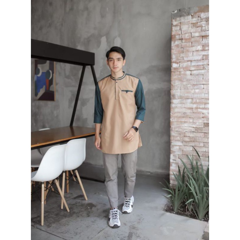 ALANZA MUSLIM ORIGINAL kurta baju muslim pria lengan tiga perempat warna mocca sleeves teel artALT02