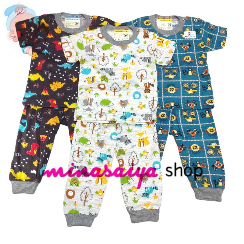 AIRIN BABY Setelan Bayi SNI Lengan Pendek Celana Panjang Motif Kancing Pundak Uk. S - XL