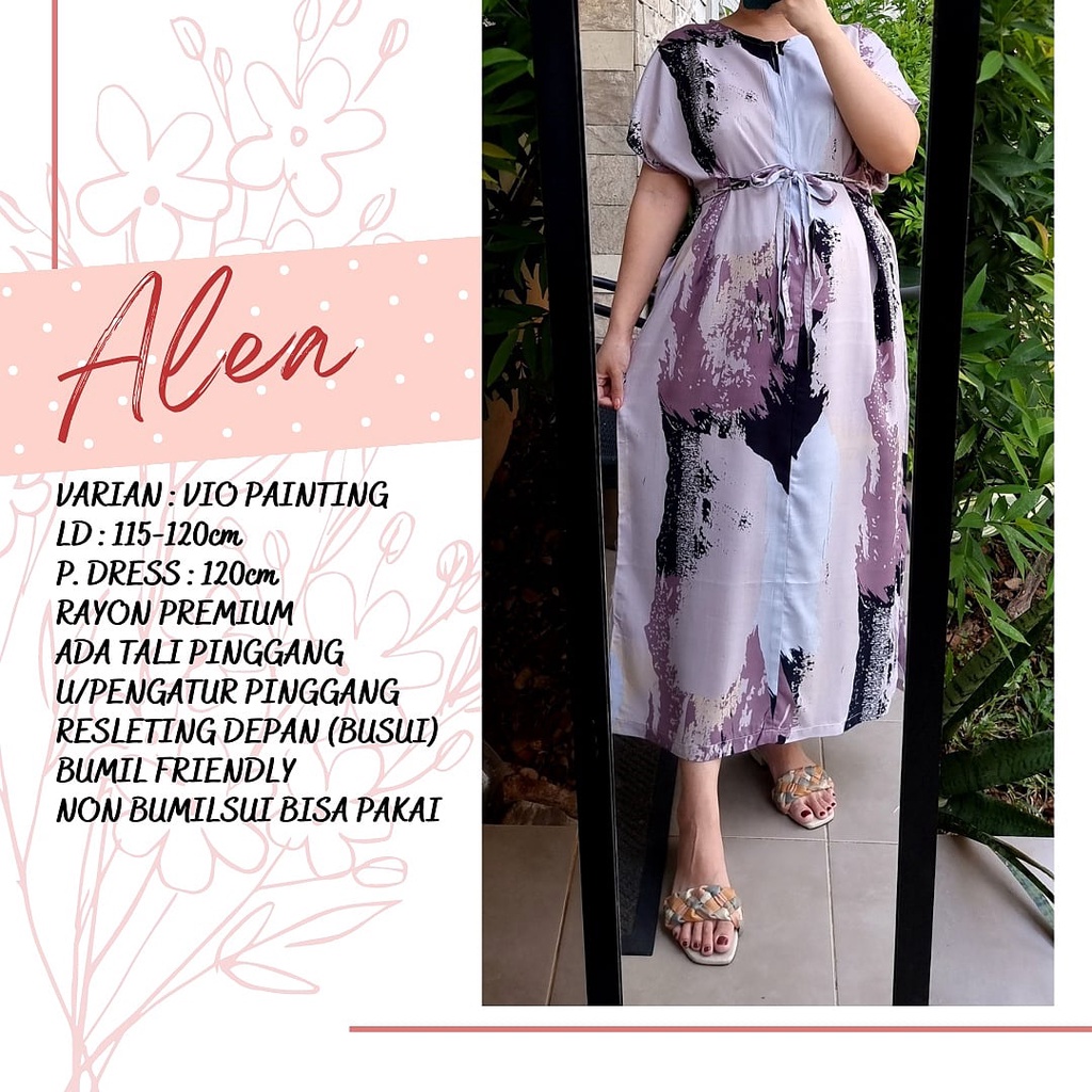 produk 2 Alea 120cm daster rayon jumbo bumil busui friendly adem resleting depan semata kaki-Vio painting