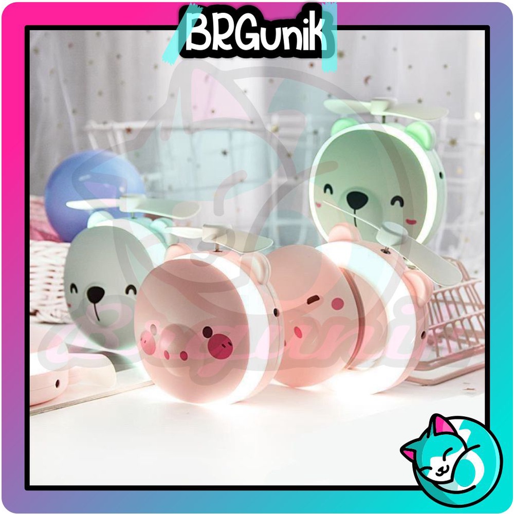 BRGUNIK Kipas Cermin Makeup LED 3in1 Karakter Mini Fan Led Mirror USB Charger Cermin Make Up Portabl R191