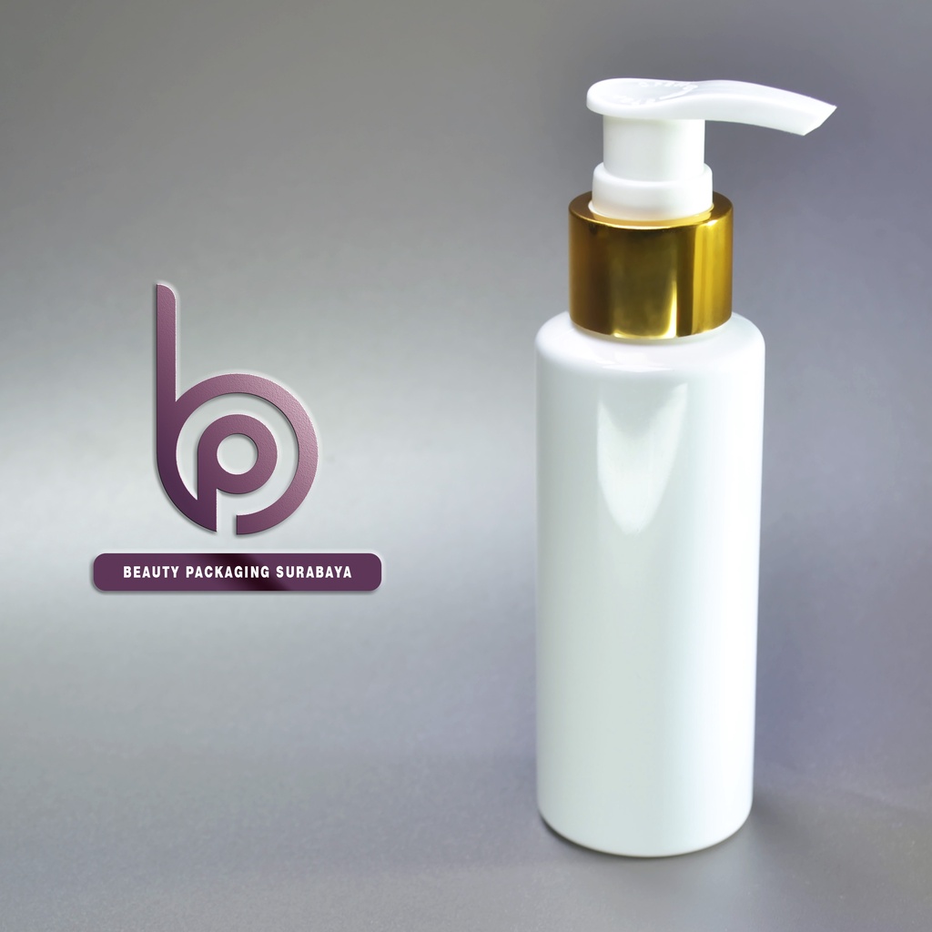 Botol plastik PET 100ml RF putih tutup pump lotion gold