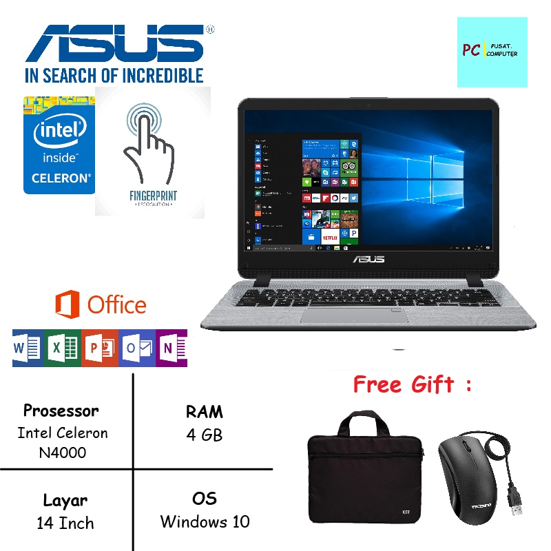 Laptop Asus Vivobook Fingerprint A407M RAM 4GB HDD 1TB Fullset