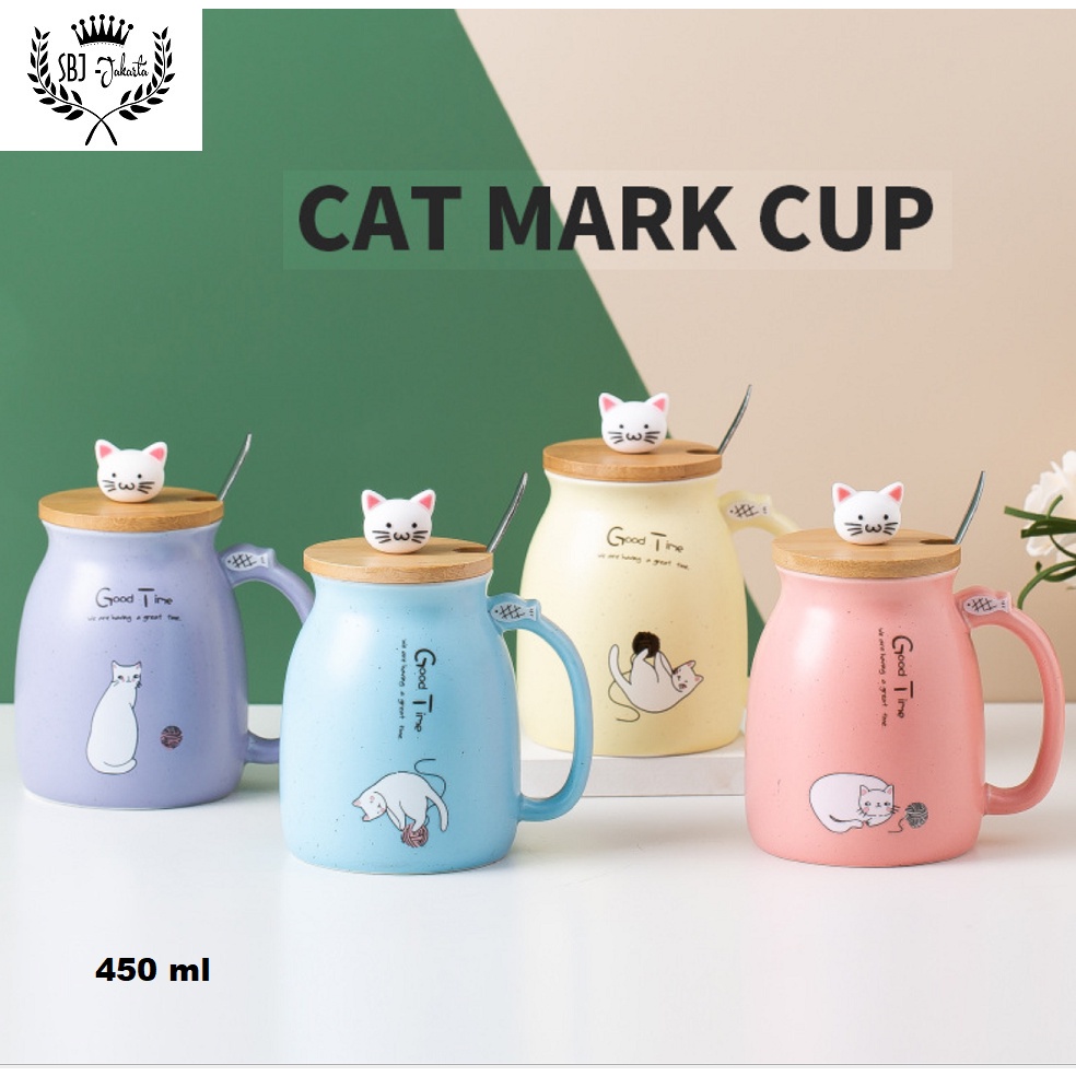 Cangkir Keramik Cat Mark Cup Gift Set Ceramic Mug 450 ml dengan sendok