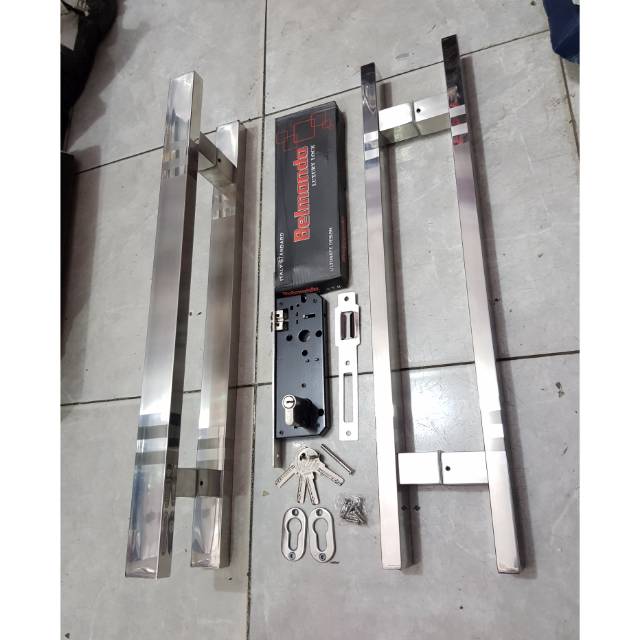 Handle pintu stainless minimalis 60cm baut tembus 2set + body pelor