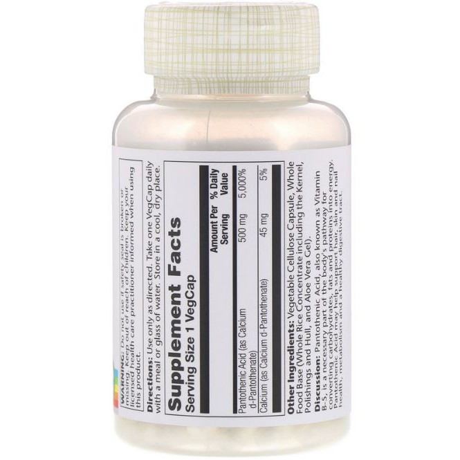 Solaray Pantothenic Acid 500mg 250 Veg Caps Lancarkan Metabolisme Tubuh Jaga Kesehatan Imunitas