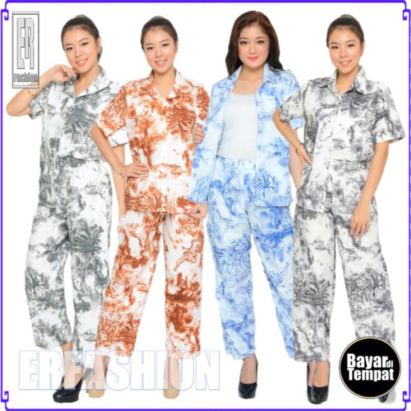 Erfashion Set Setelan Tie Dye Wanita Kemeja Piyama Mutiara & Celana Panjang / Set Baju Tidur Tie Dye