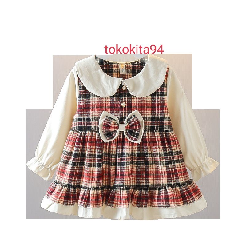 Dress Anak Import Style Korea Satuan - Gaun Anak Cewek 1Pcs Motif Kotak Cantik - Rok Anak Korea Satu Pcs Rumbai Kotak