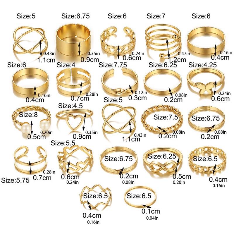22pcs / Set Cincin Emas Desain Bintang Hias Mutiara Gaya Retro Untuk Wanita