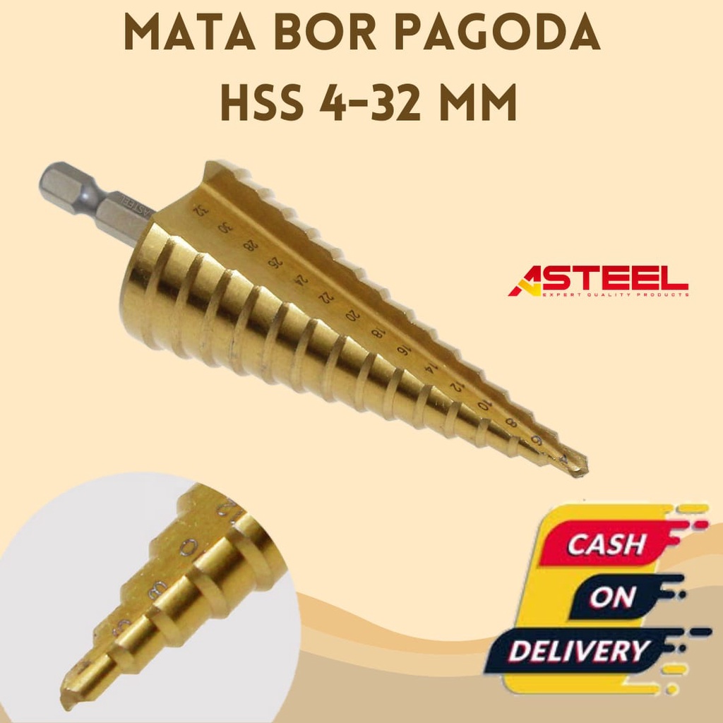 ASTEEL Mata Bor Pagoda Multi Step Drill High Speed Steel HSS 4 - 32 mm Titanium Coating berkualitas