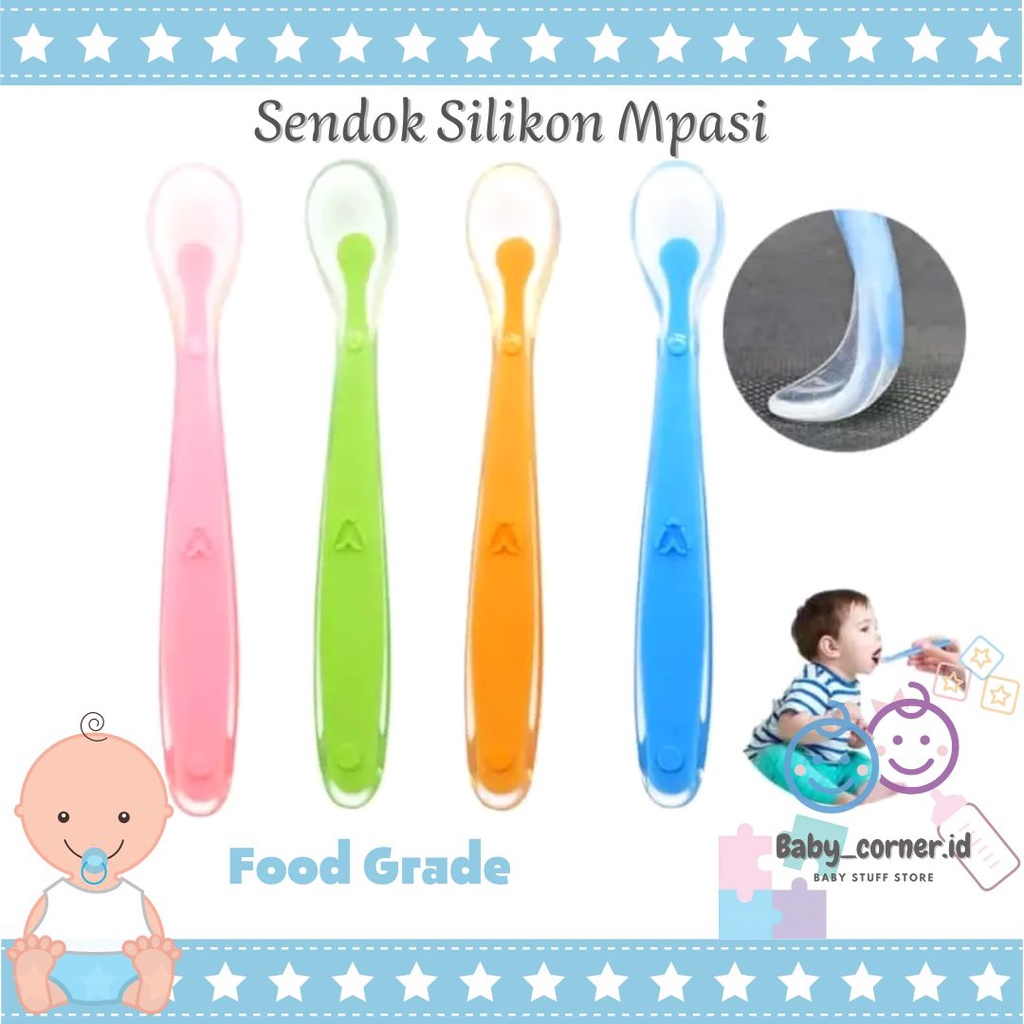 Sendok Silicone MPASI Food Grade | Sendok Makan Lentur | Bahan Tebal | Set sendok garpu makan bayi antisedak gagang pendek