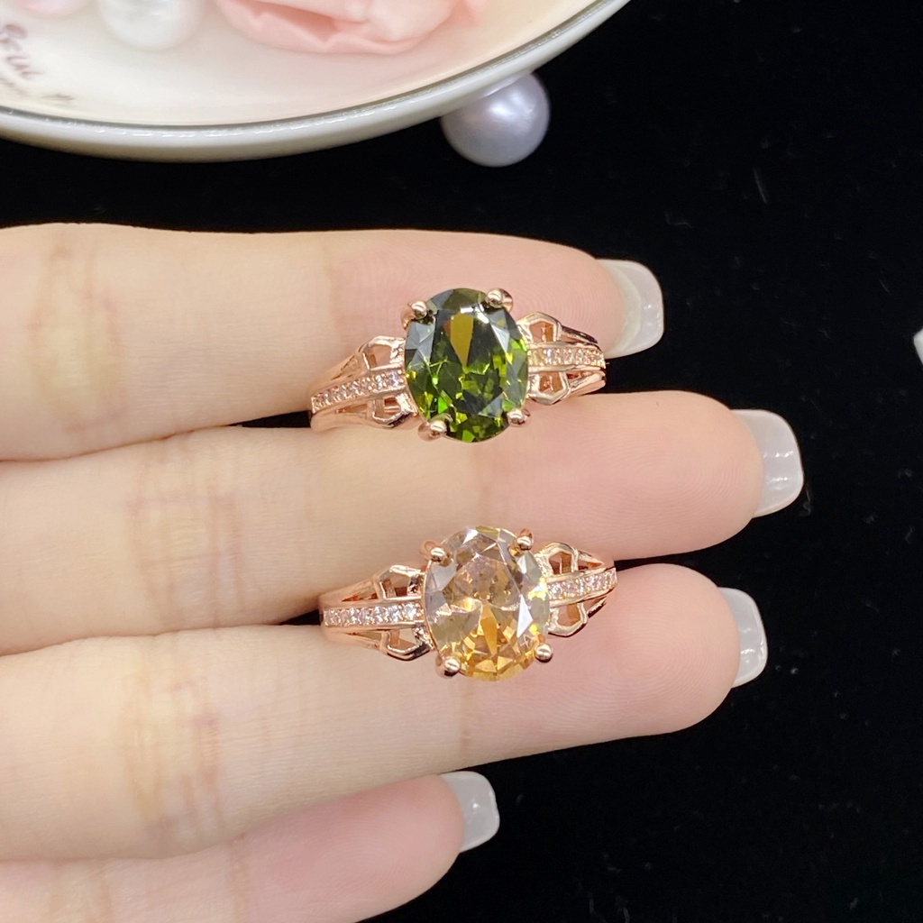 Batu Champagne Olivin Cincin S925 Perak Berlian Kristal Mawar Emas Perhiasan Fashion Wanita Pertunangan Pernikahan Rings