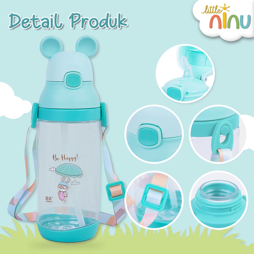 LITTLE NINU Botol Minum Anak Sedotan Water Bottle Straw Karakter 480 ml